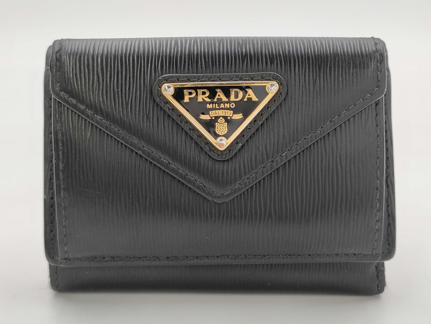 PRADA 1MH021 Leather Trifold Wallet with Triangular Plate, Black, Guarantee and Box Included