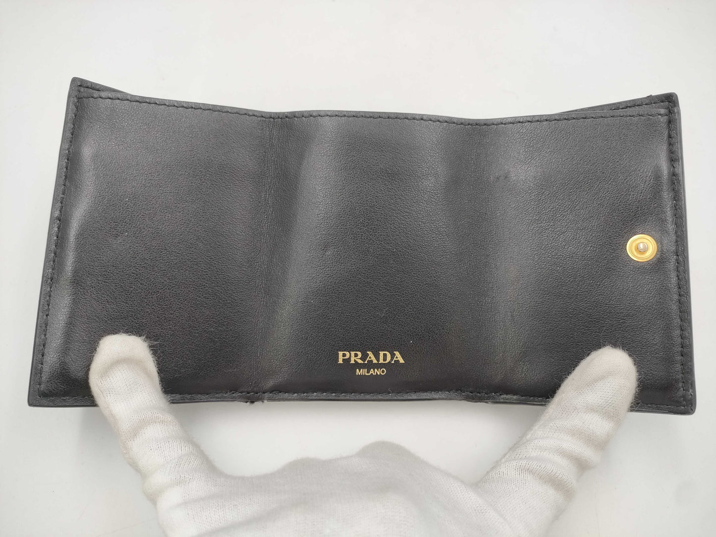 PRADA 1MH021 Leather Trifold Wallet with Triangular Plate, Black, Guarantee and Box Included