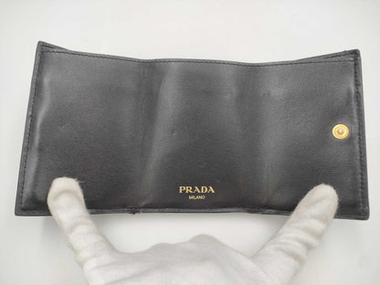 PRADA 1MH021 Leather Trifold Wallet with Triangular Plate, Black, Guarantee and Box Included