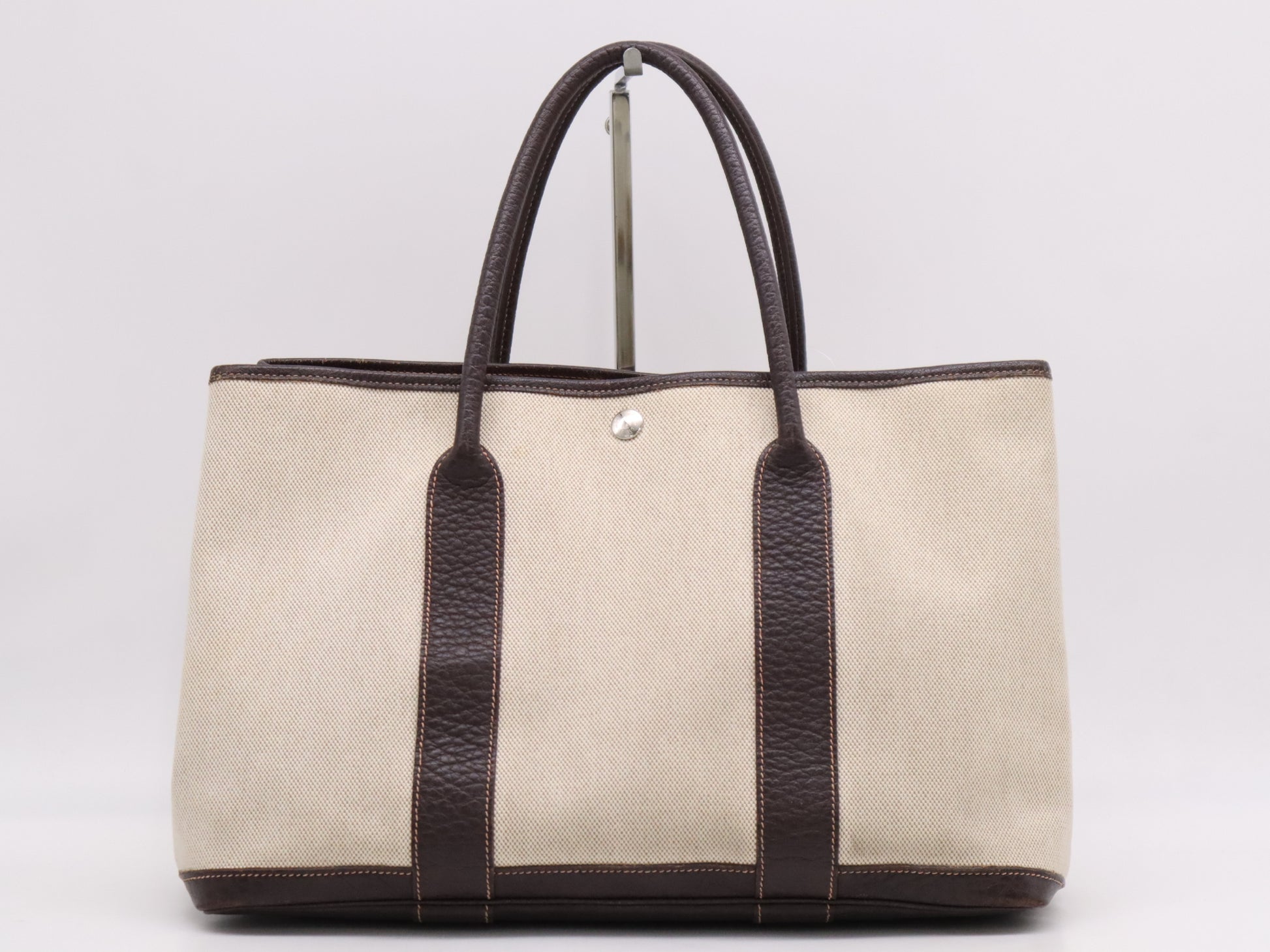 HERMES Toile H Buffle Skipper Tote Bag with "C" Stamp, Garden Party, Optical H, Brown