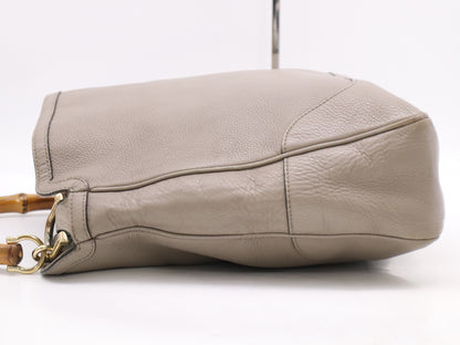 GUCCI 282315 Leather Bamboo 2-Way Tote Bag Shoulder Bag Khaki with Shoulder Strap and Dust Bag