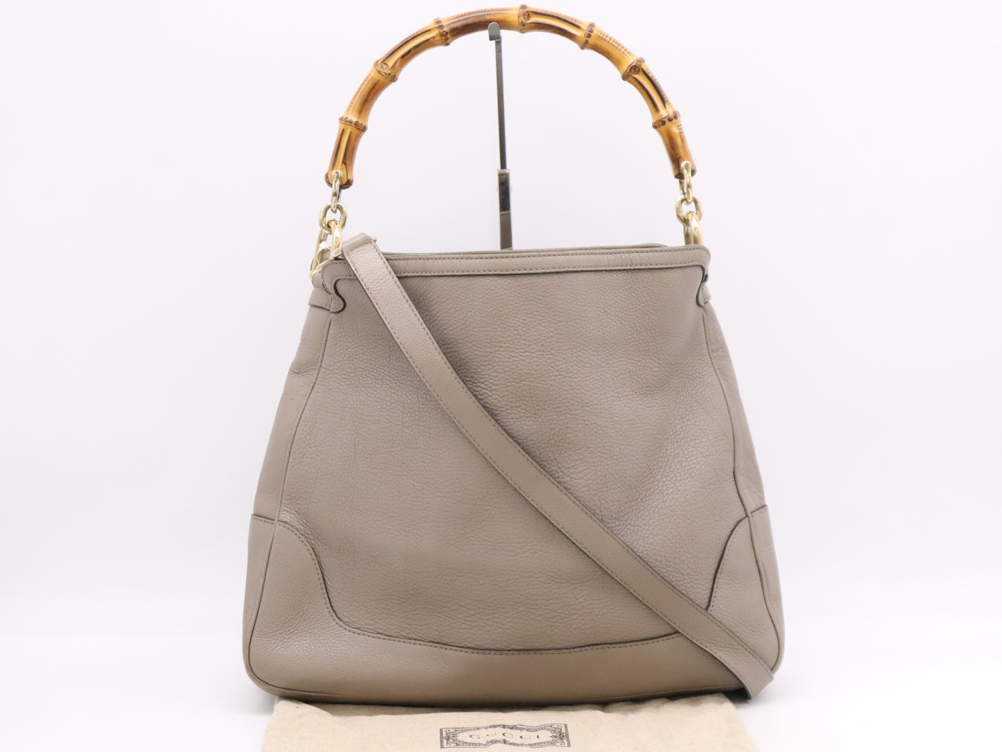 GUCCI 282315 Leather Bamboo 2-Way Tote Bag Shoulder Bag Khaki with Shoulder Strap and Dust Bag