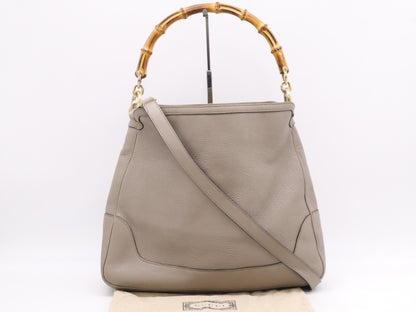 GUCCI 282315 Leather Bamboo 2-Way Tote Bag Shoulder Bag Khaki with Shoulder Strap and Dust Bag