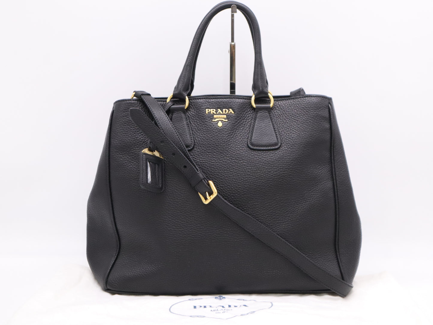 PRADA Leather Logo Tote Bag in Black with Shoulder Strap, Name Tag, and Dust Bag