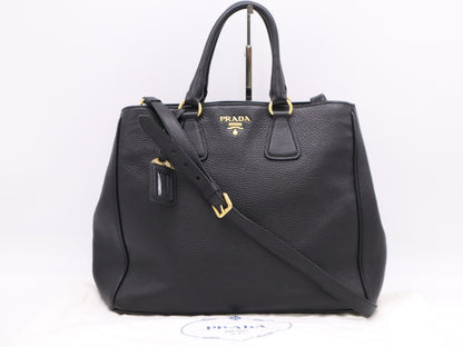 PRADA Leather Logo Tote Bag in Black with Shoulder Strap, Name Tag, and Dust Bag