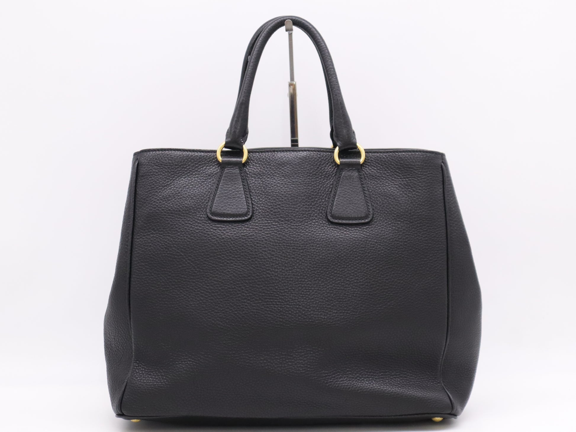 PRADA Leather Logo Tote Bag in Black with Shoulder Strap, Name Tag, and Dust Bag