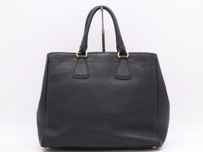 PRADA Leather Logo Tote Bag in Black with Shoulder Strap, Name Tag, and Dust Bag