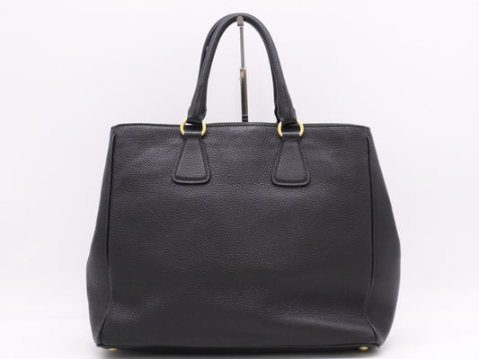PRADA Leather Logo Tote Bag in Black with Shoulder Strap, Name Tag, and Dust Bag