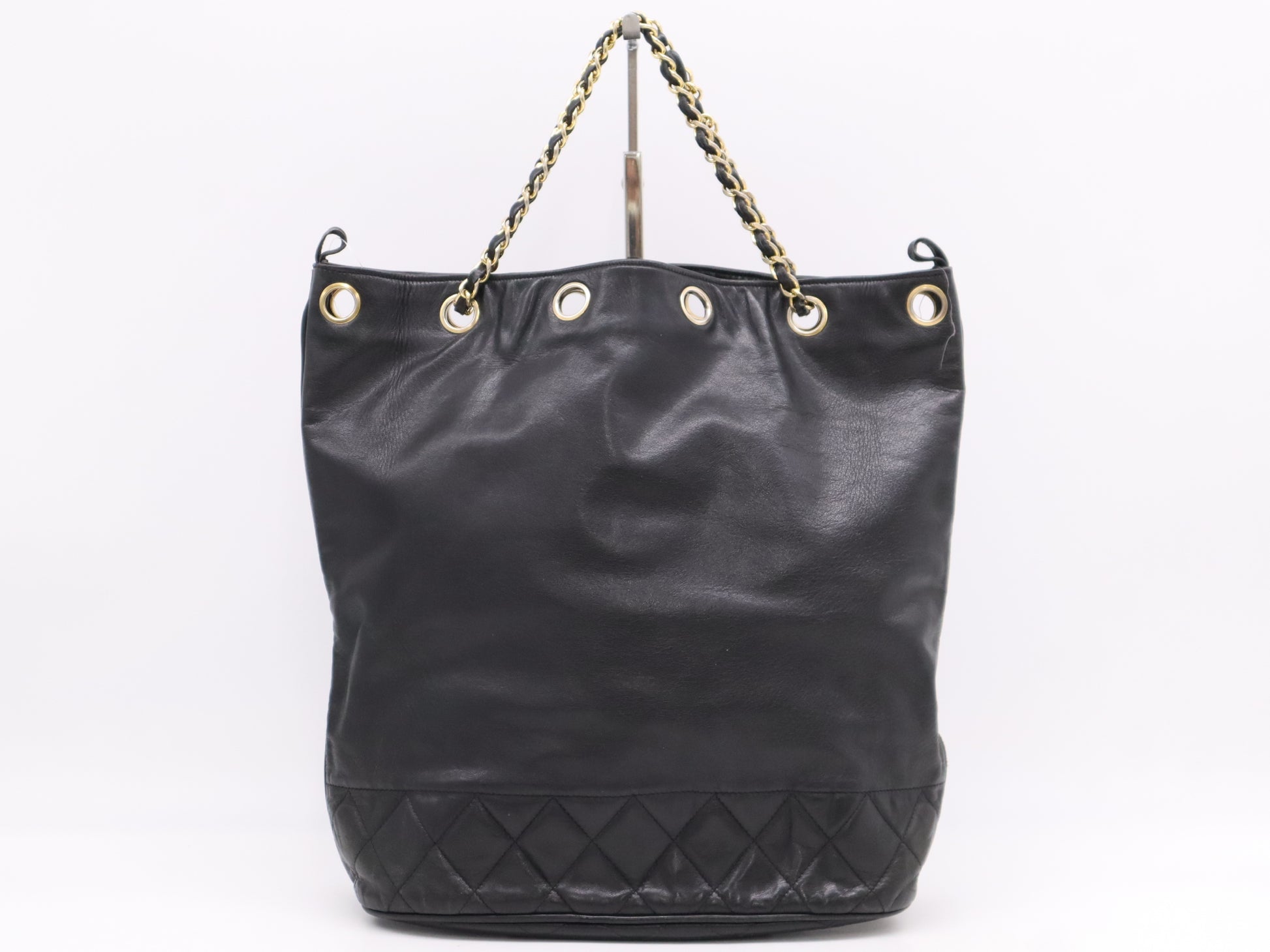 CHANEL Leather Drawstring Chain Shoulder Bag in Black with GD Hardware