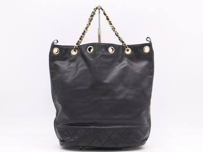 CHANEL Leather Drawstring Chain Shoulder Bag in Black with GD Hardware