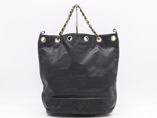 CHANEL Leather Drawstring Chain Shoulder Bag in Black with GD Hardware