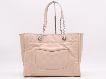 CHANEL Lambskin Deauville MM Chain Shoulder Bag Pink with Box, Sticker, Card, 22300598 Tote Bag