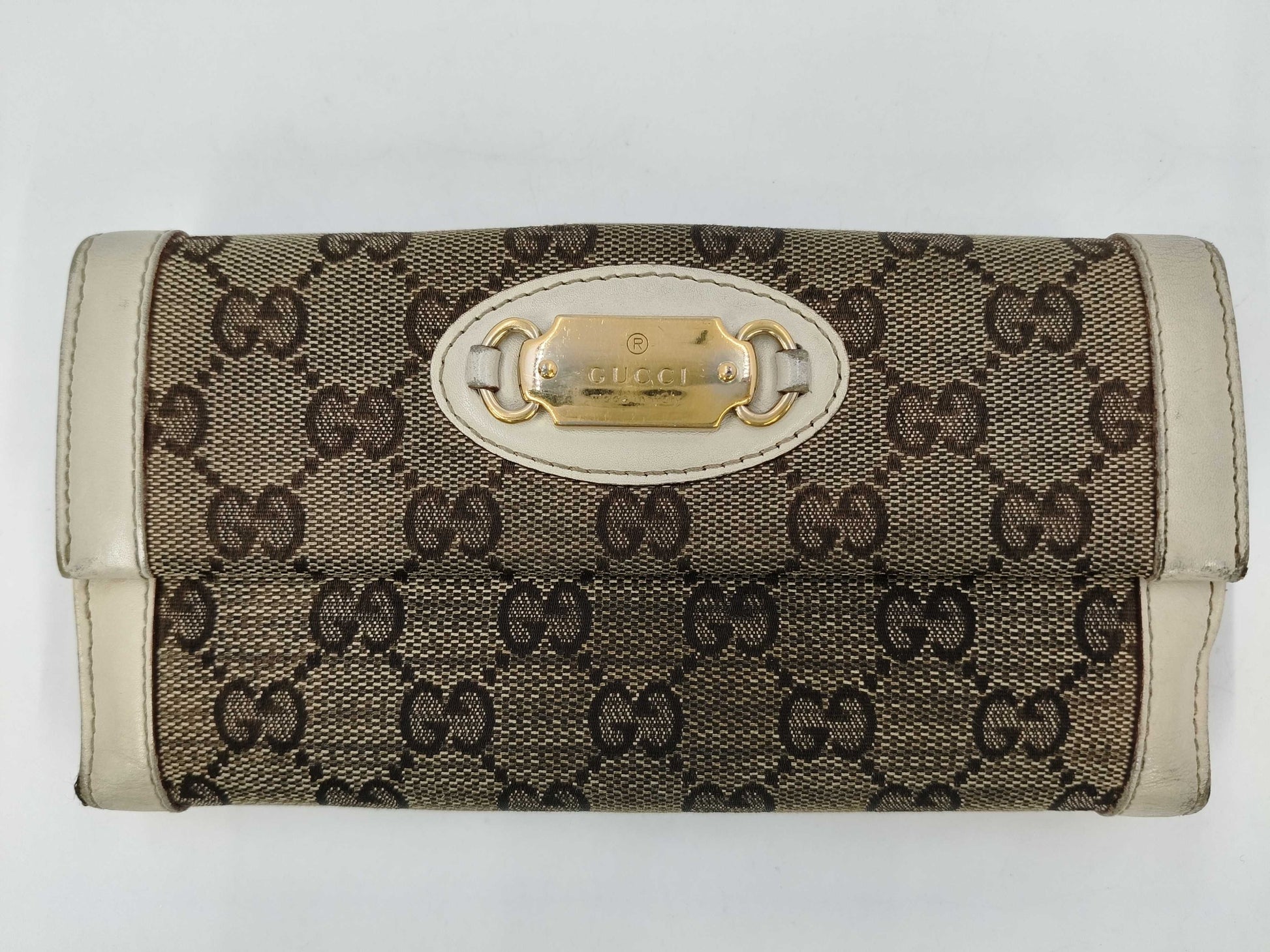 GUCCI 146199 GG Canvas Double Hook Long Wallet, Leather, Canvas, Beige, Ivory, Box Included