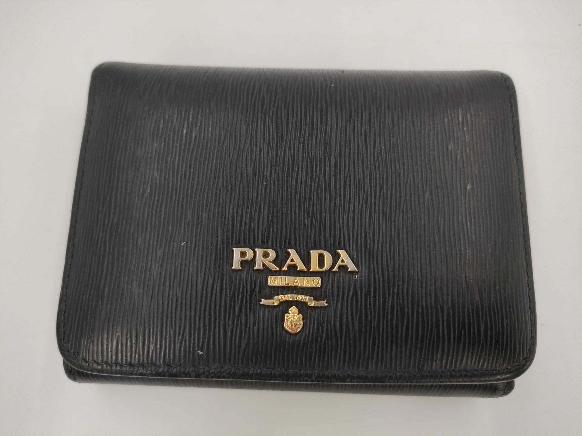PRADA 1MH176 Leather Compact Wallet, Black, with Box