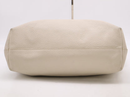 PRADA 2-way leather tote bag in white with GD hardware, shoulder strap, and name tag.