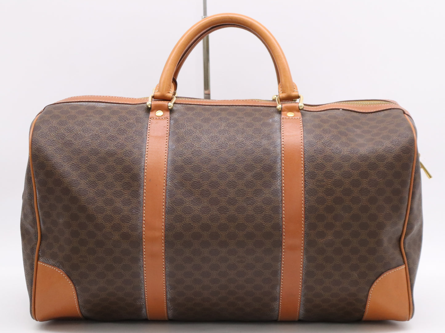 CELINE Macadam Boston Bag, Brown, GD Hardware, with Padlock, Key, Name Tag, and Cloche.