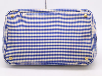 PRADA Leather Gingham Check Canapa Medium Blue Tote Bag with GD Hardware, Shoulder Strap and Card Included