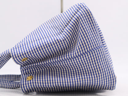 PRADA Leather Gingham Check Canapa Medium Blue Tote Bag with GD Hardware, Shoulder Strap and Card Included