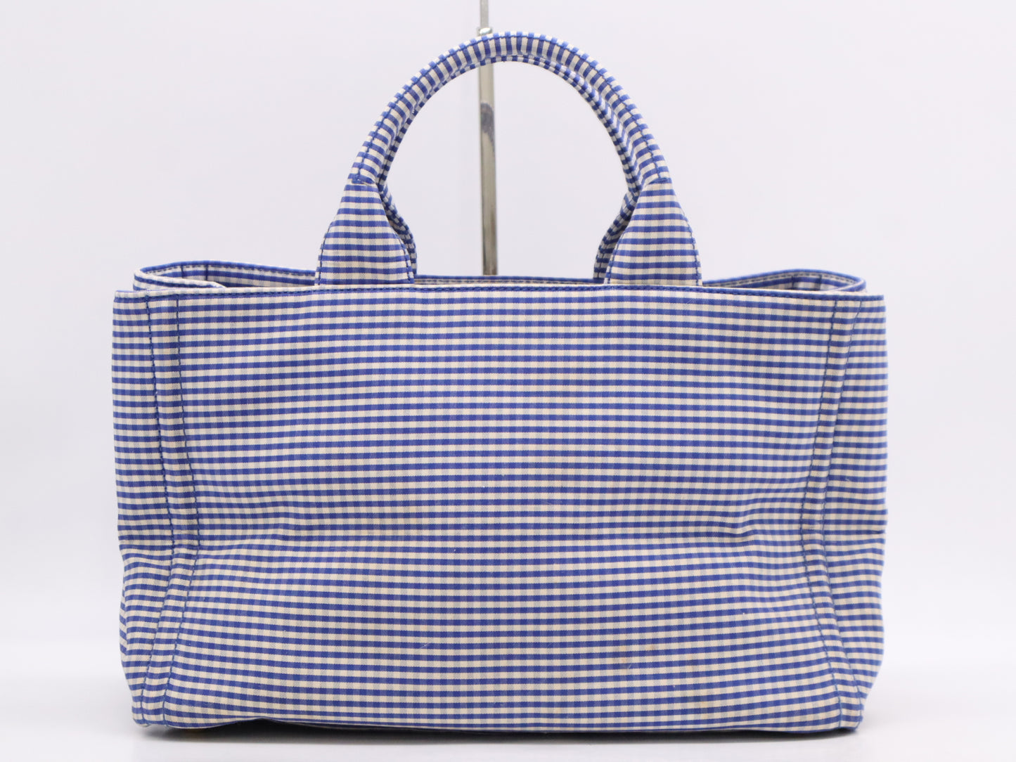 PRADA Leather Gingham Check Canapa Medium Blue Tote Bag with GD Hardware, Shoulder Strap and Card Included
