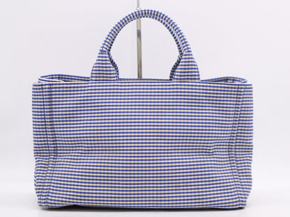 PRADA Leather Gingham Check Canapa Medium Blue Tote Bag with GD Hardware, Shoulder Strap and Card Included
