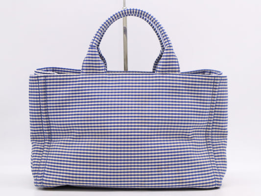 PRADA Leather Gingham Check Canapa Medium Blue Tote Bag with GD Hardware, Shoulder Strap and Card Included