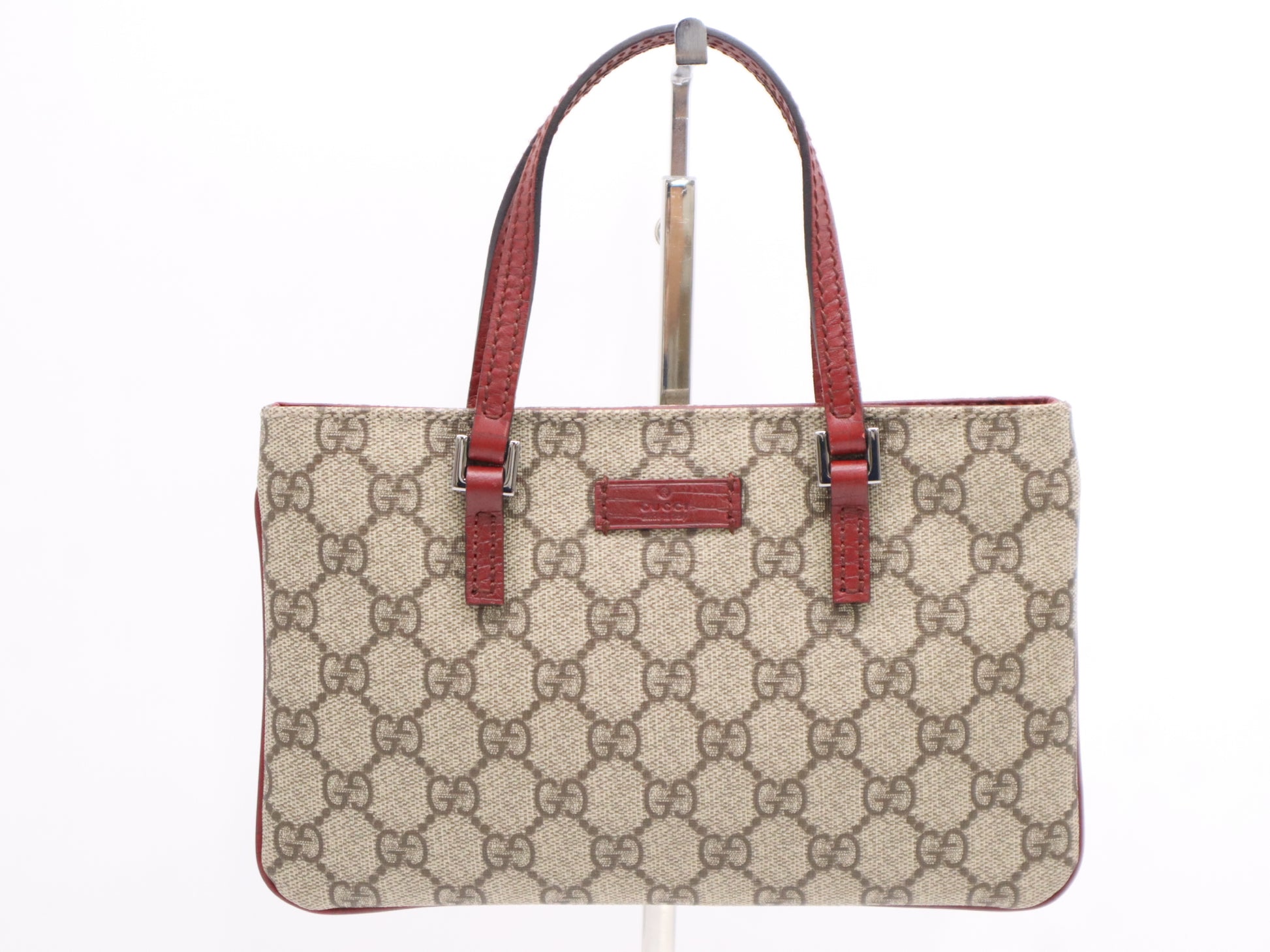 GUCCI Leather GG Supreme Mini Tote Handbag Beige Red Handbag