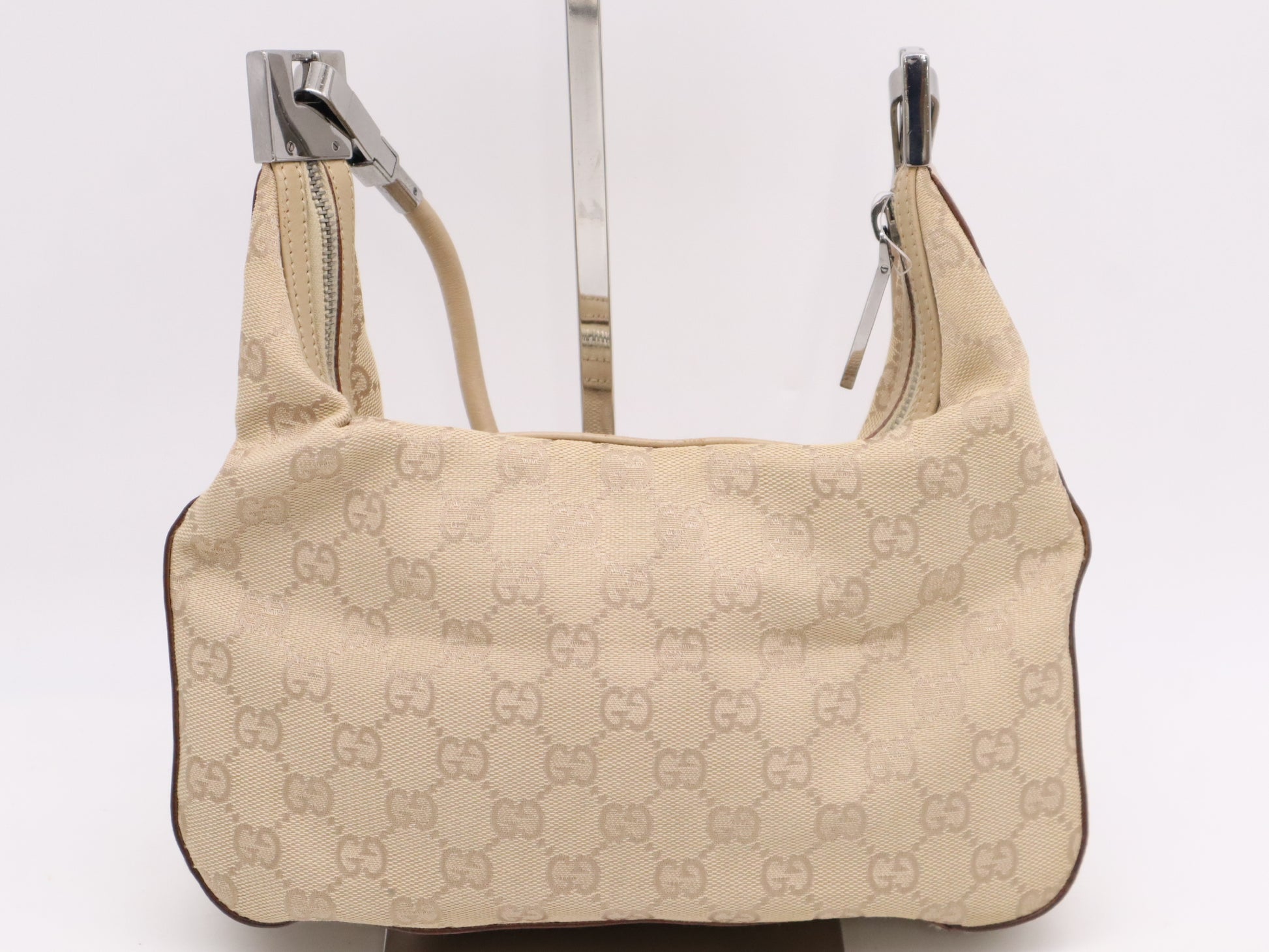 GUCCI Leather GG Canvas Shoulder Bag Beige with Silver Hardware