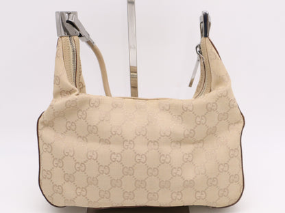 GUCCI Leather GG Canvas Shoulder Bag Beige with Silver Hardware
