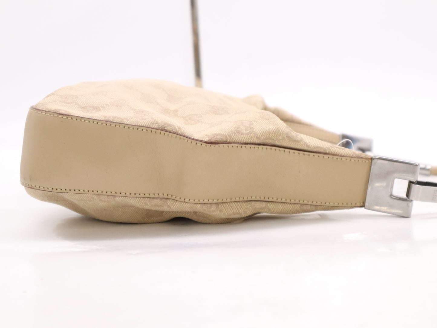 GUCCI Leather GG Canvas Shoulder Bag Beige with Silver Hardware