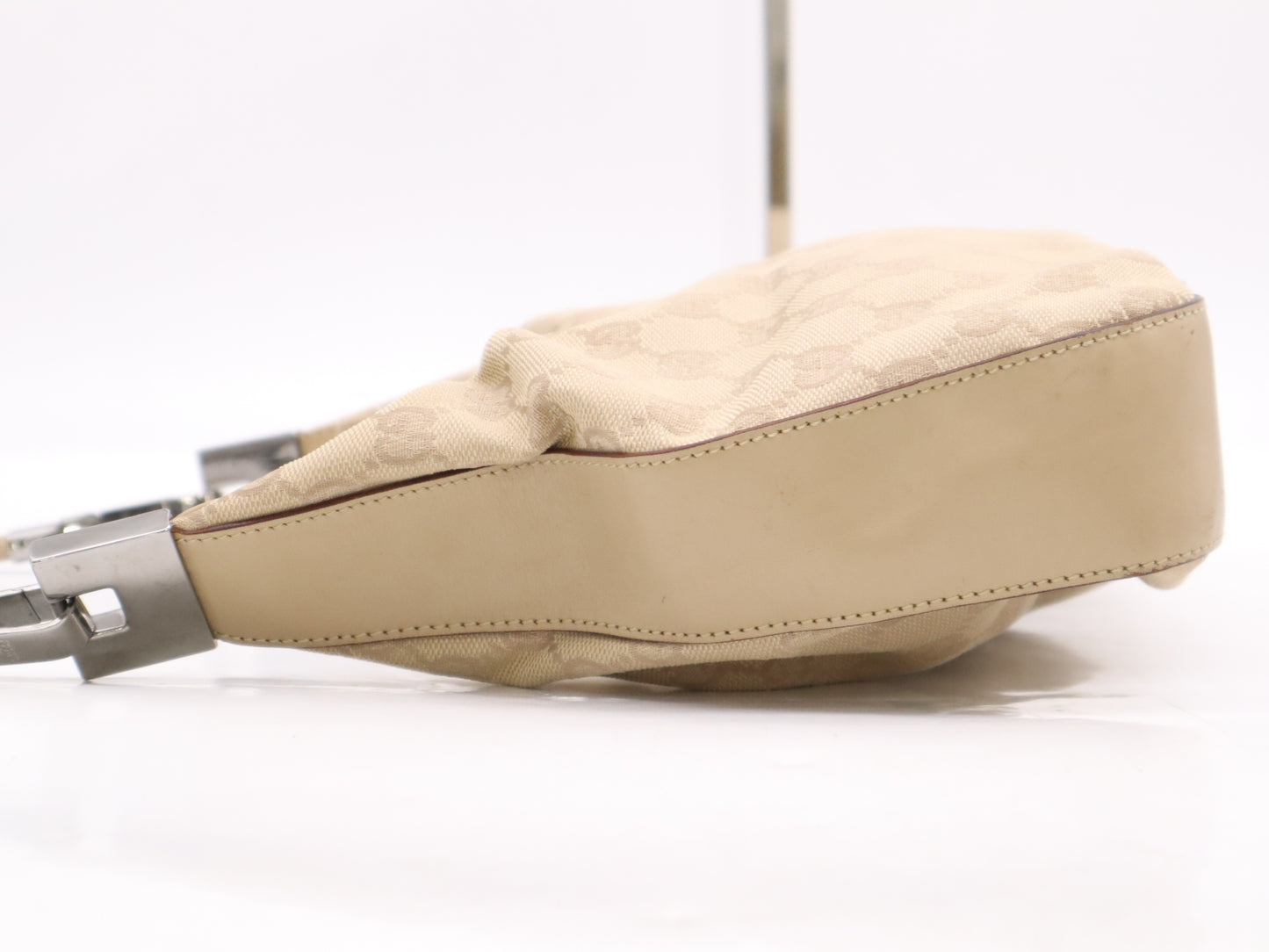 GUCCI Leather GG Canvas Shoulder Bag Beige with Silver Hardware