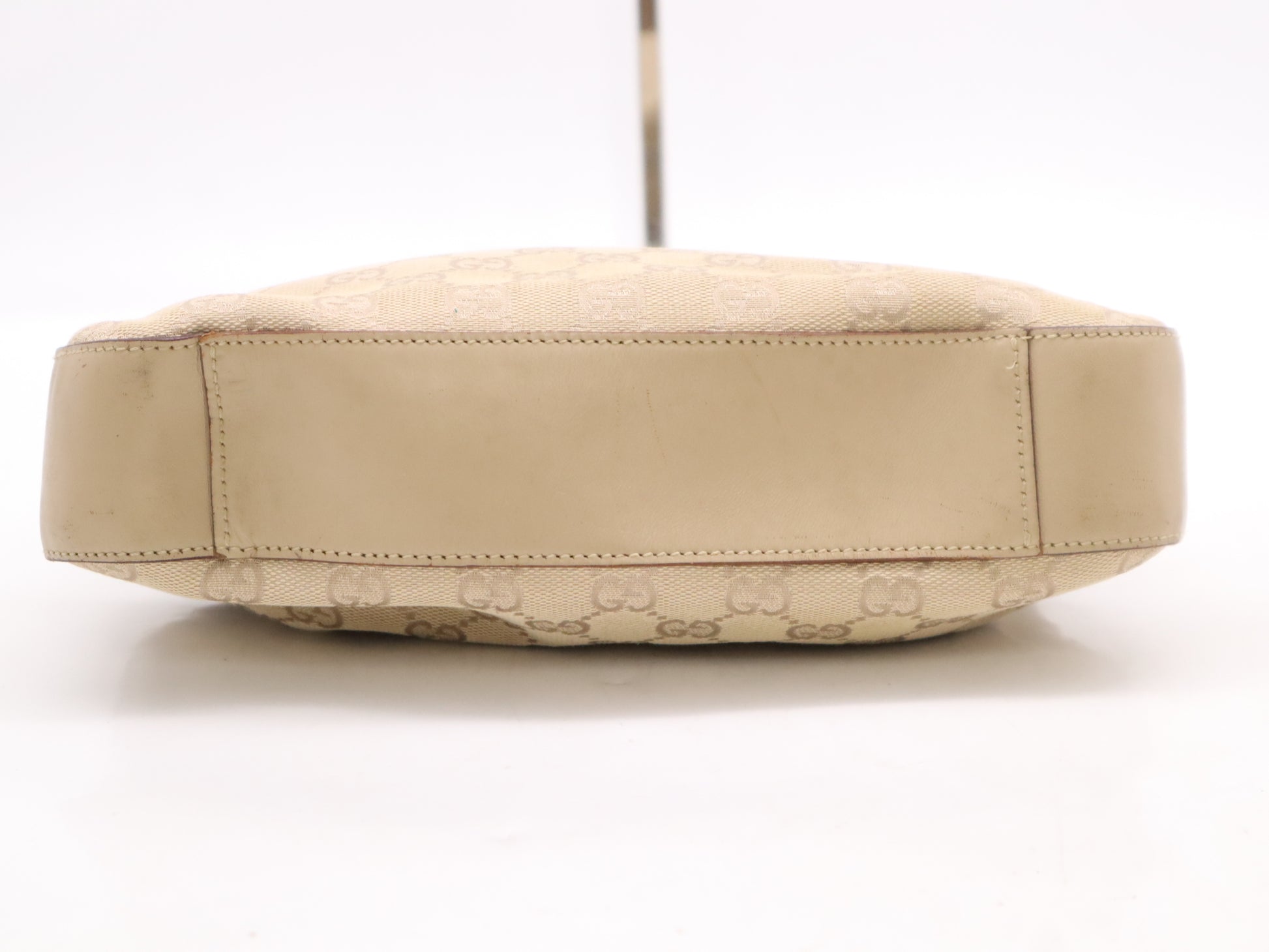 GUCCI Leather GG Canvas Shoulder Bag Beige with Silver Hardware