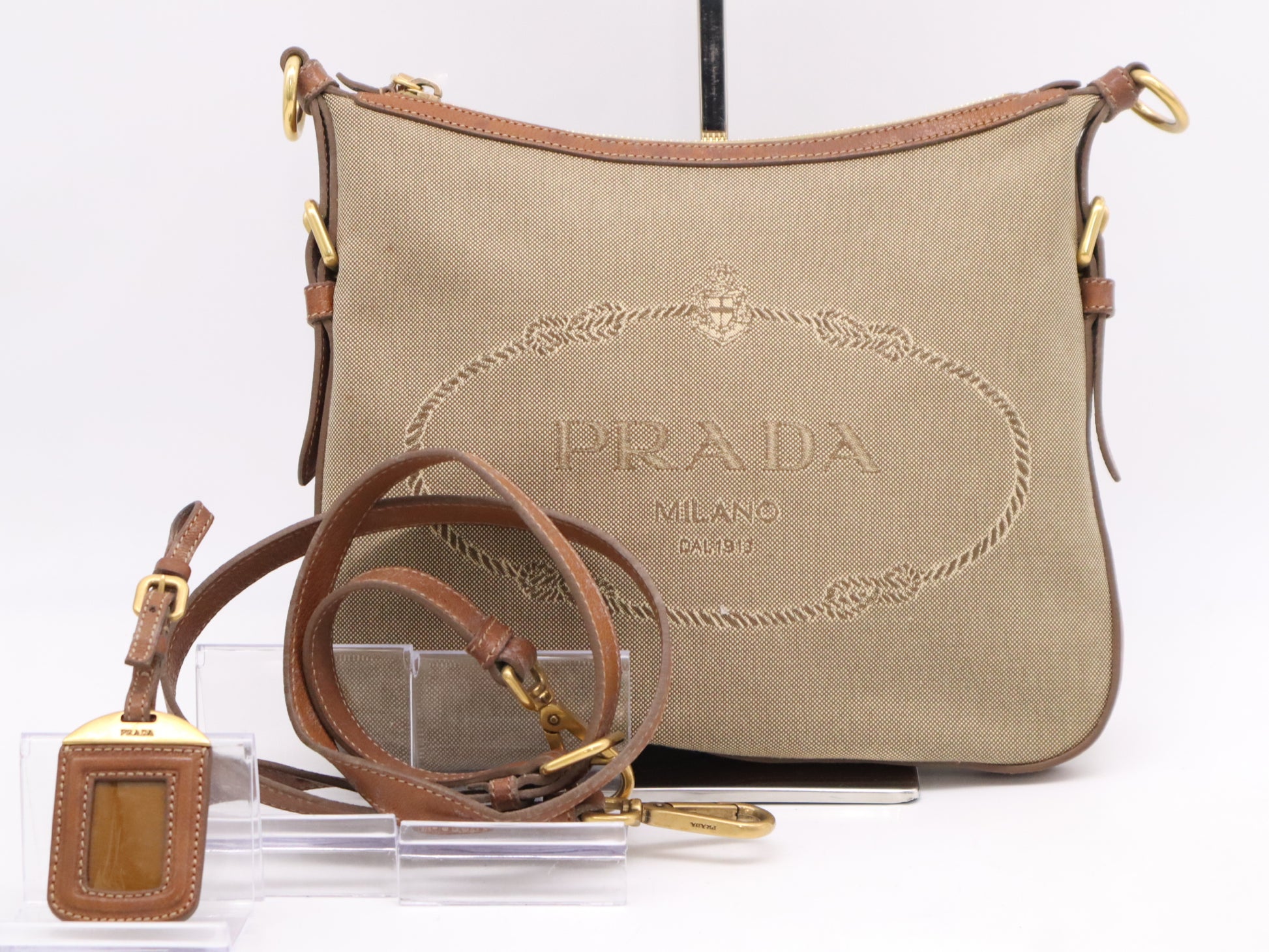 PRADA Leather Jacquard Logo Shoulder Bag in Beige and Brown with GD Hardware, Shoulder Strap, and Name Tag