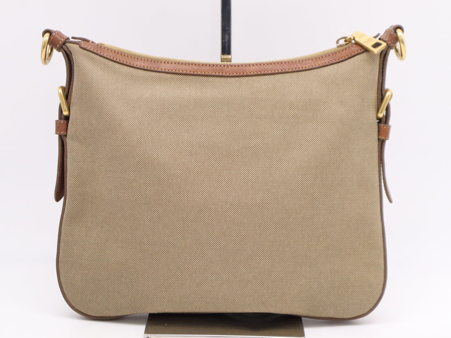 PRADA Leather Jacquard Logo Shoulder Bag in Beige and Brown with GD Hardware, Shoulder Strap, and Name Tag