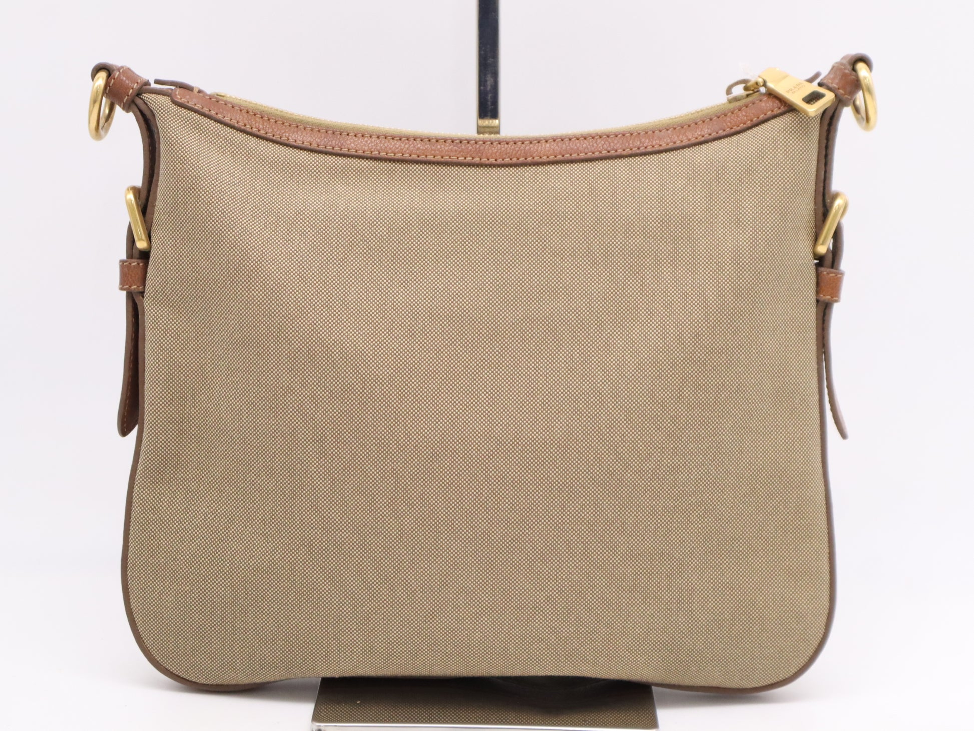 PRADA Leather Jacquard Logo Shoulder Bag in Beige and Brown with GD Hardware, Shoulder Strap, and Name Tag