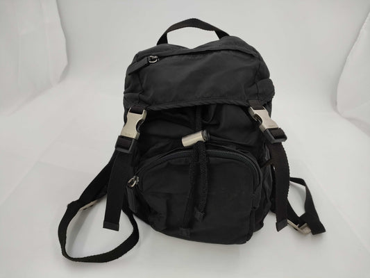 PRADA Nylon Backpack with Triangle Plate and Leather in Black