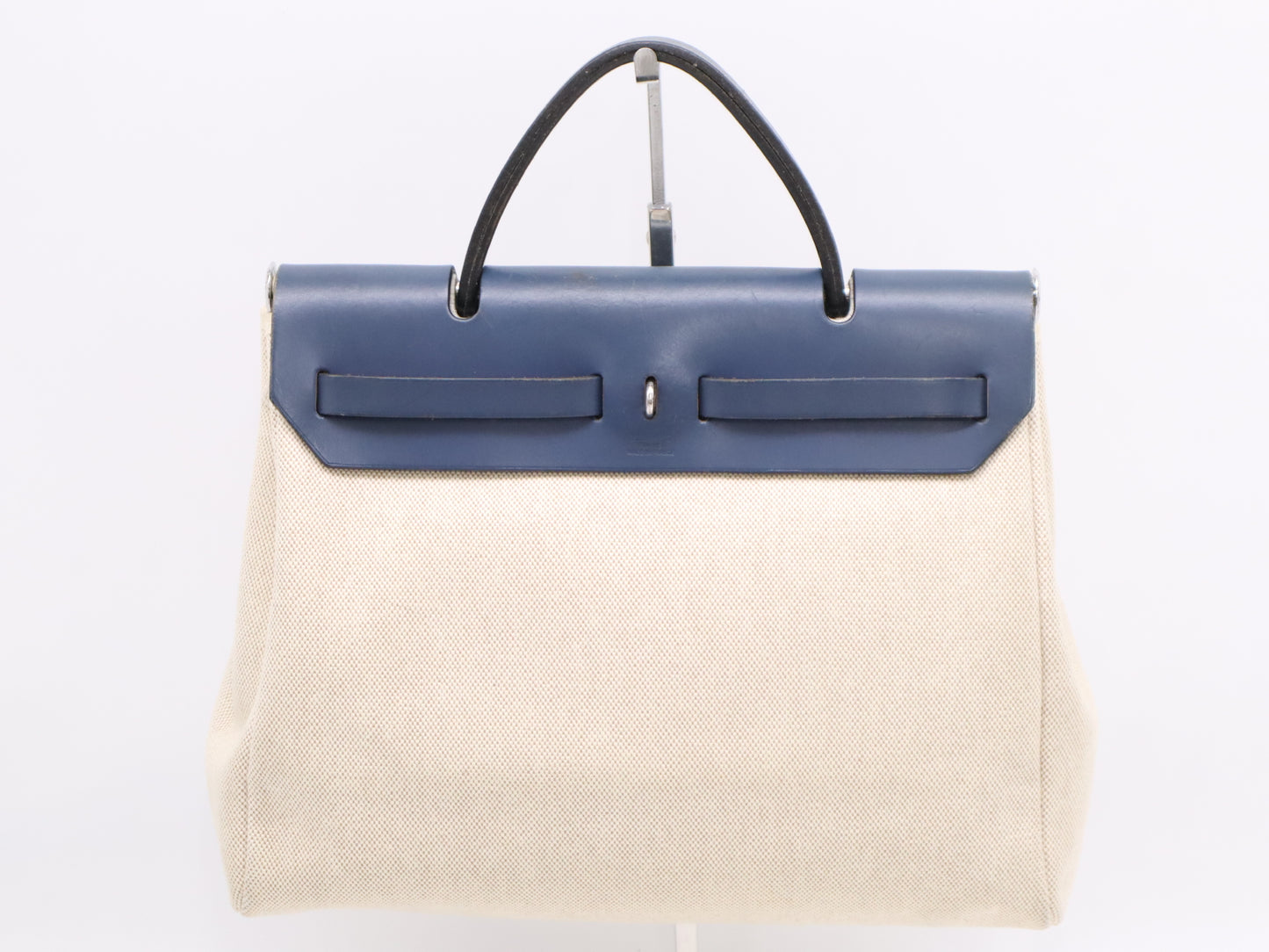 HERMES Leather Air Bag PM Shoulder Bag with Shoulder Strap, Padlock, 2 Keys, Cloche, and Dust Bag. Navy and White.