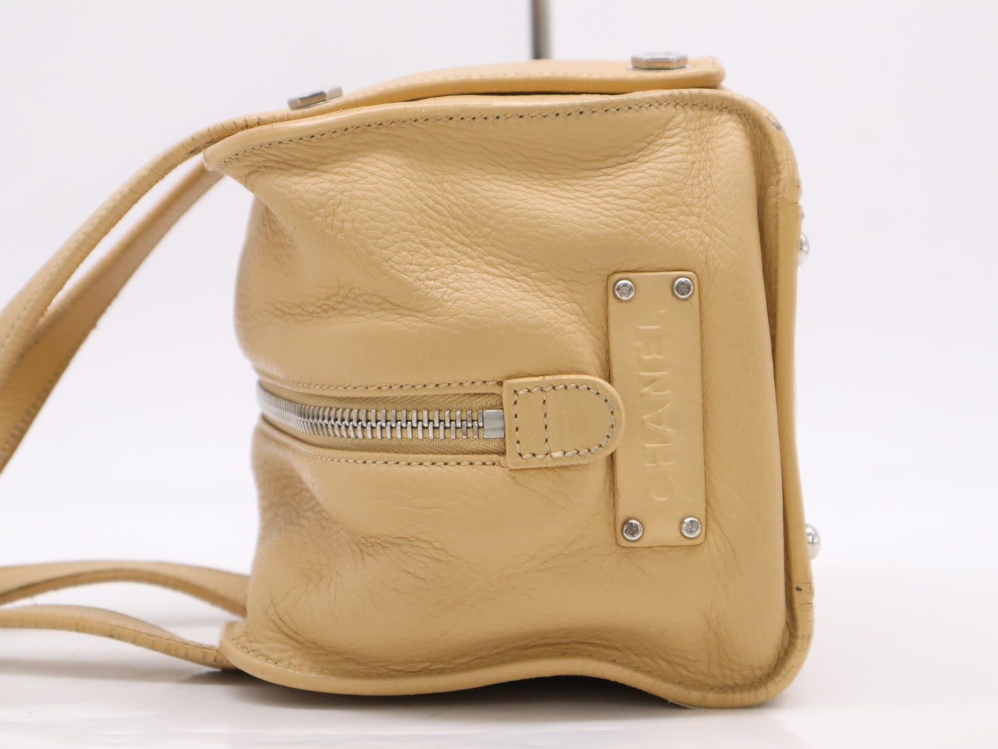 CHANEL Leather Coco Mark Bolt Handbag, Beige, Silver Hardware, Sticker, Card Included, 10101512 Handbag