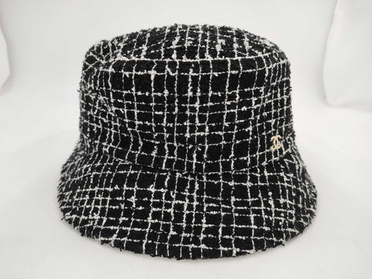 CHANEL Tweed Bucket Hat with Coco Mark, Black, Size: M Other Accessories