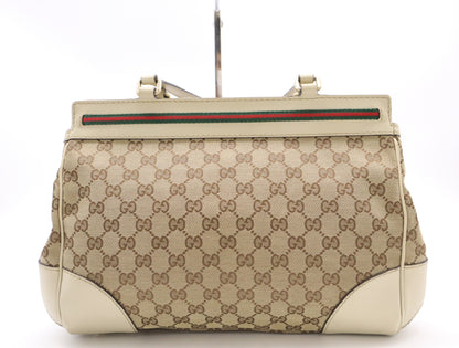 GUCCI Leather GG Canvas Princess Shoulder Bag with Sherry Ribbon, Beige Tote Bag