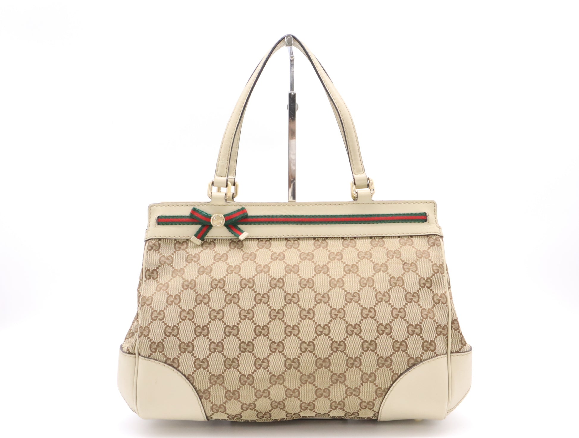 GUCCI Leather GG Canvas Princess Shoulder Bag with Sherry Ribbon, Beige Tote Bag