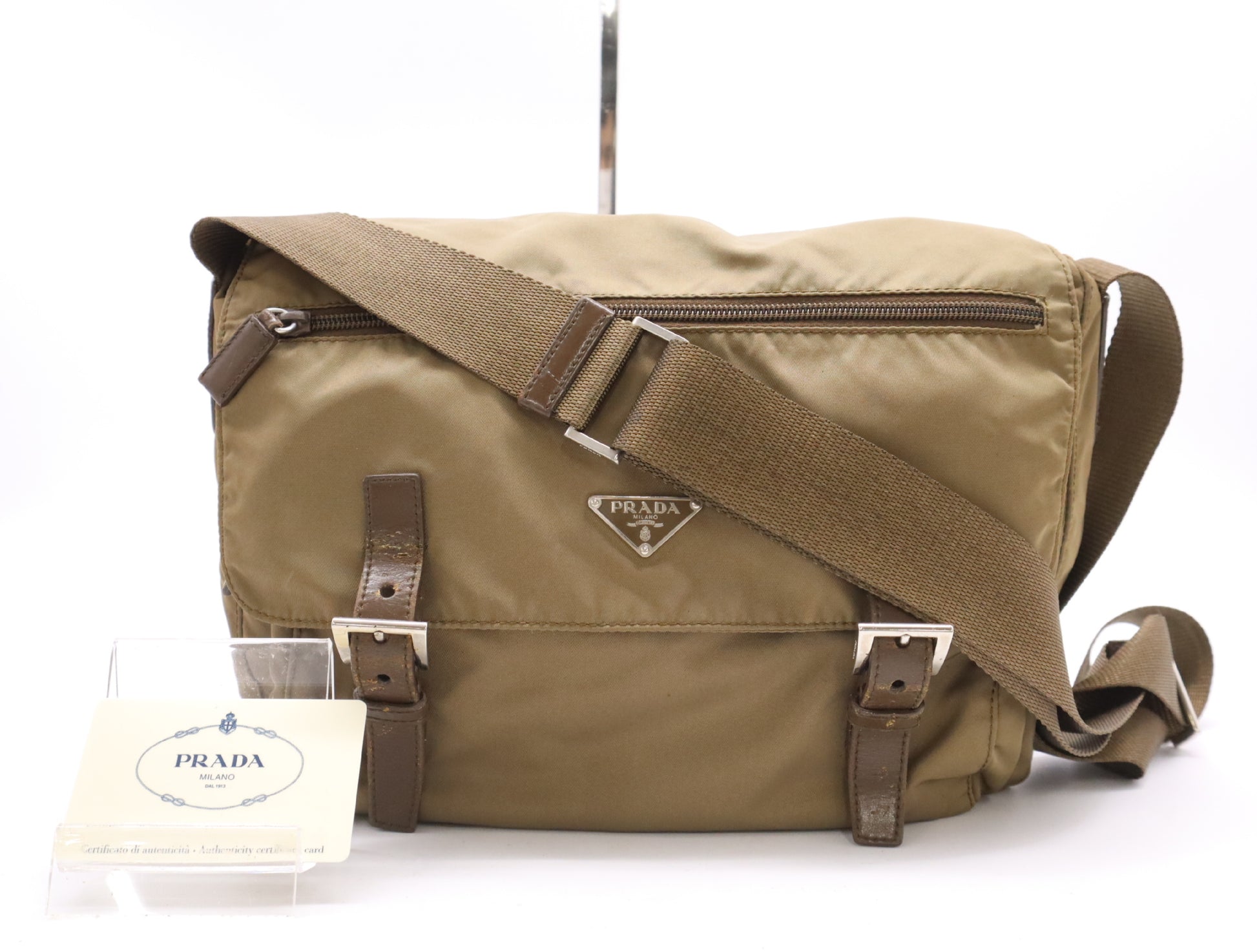 PRADA Nylon and Leather Shoulder Bag, Messenger Bag, Khaki, with Card Holder