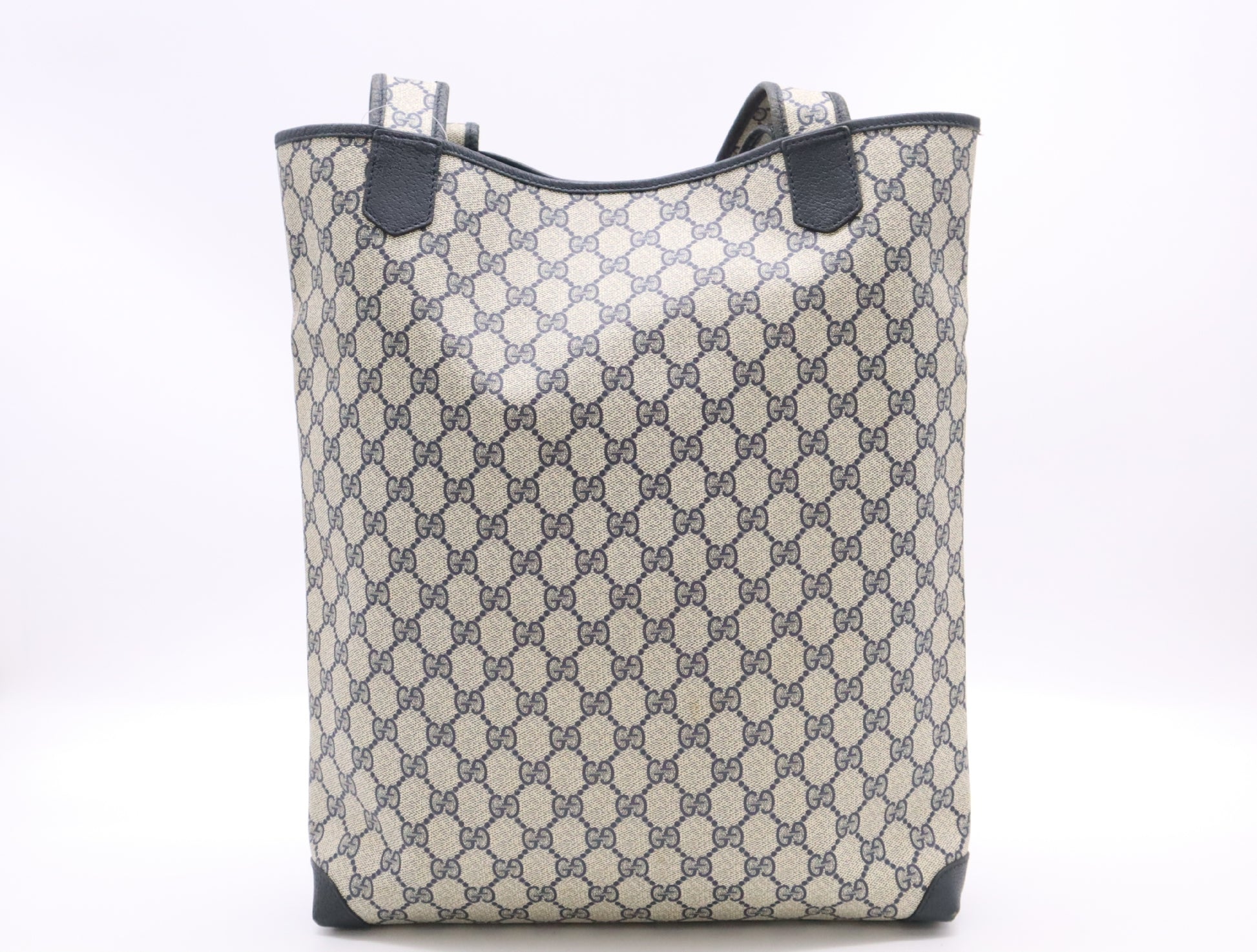 GUCCI 002, 39, 0054 GG Supreme x Leather Tote Bag Khaki Navy Tote Bag