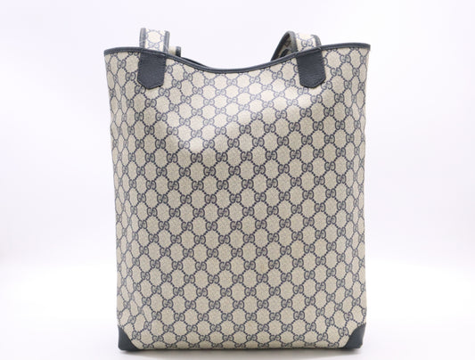 GUCCI 002, 39, 0054 GG Supreme x Leather Tote Bag Khaki Navy Tote Bag
