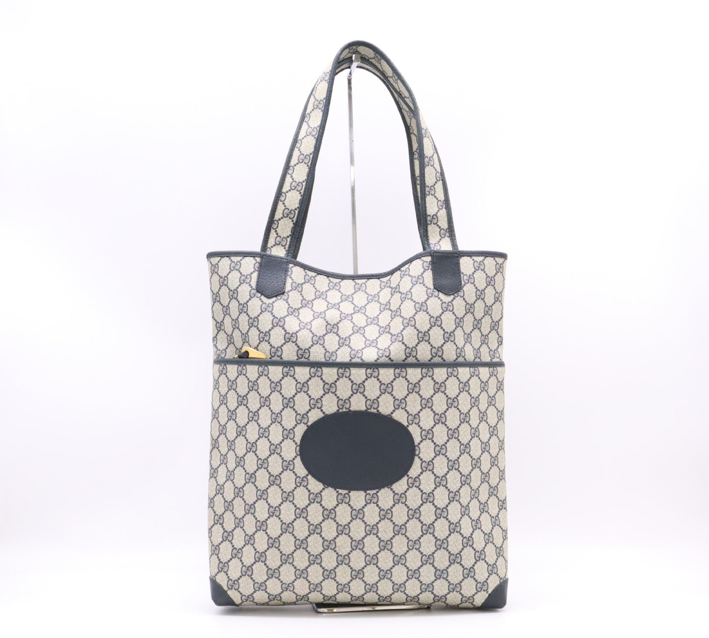 GUCCI 002, 39, 0054 GG Supreme x Leather Tote Bag Khaki Navy Tote Bag
