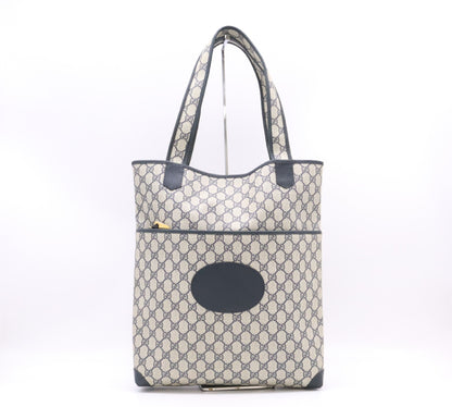 GUCCI 002, 39, 0054 GG Supreme x Leather Tote Bag Khaki Navy Tote Bag