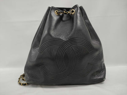 CHANEL Lambskin Drawstring Chain Shoulder Bag Black Backpack