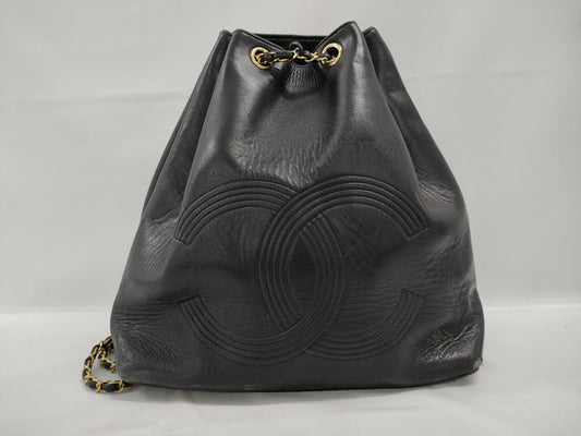 CHANEL Lambskin Drawstring Chain Shoulder Bag Black Backpack