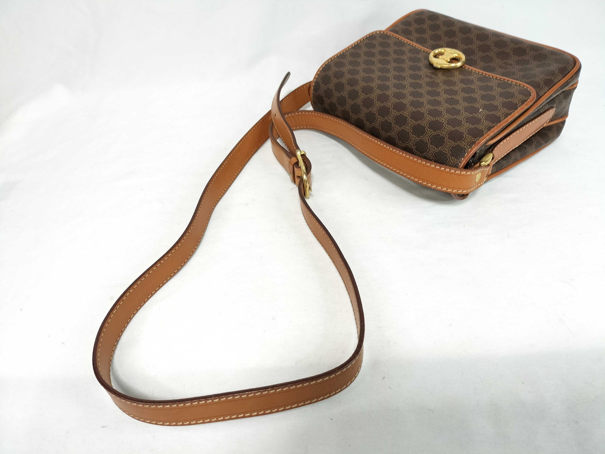 CELINE Macadam PVC and Leather Shoulder Bag, Brown, with Blazon Hardware