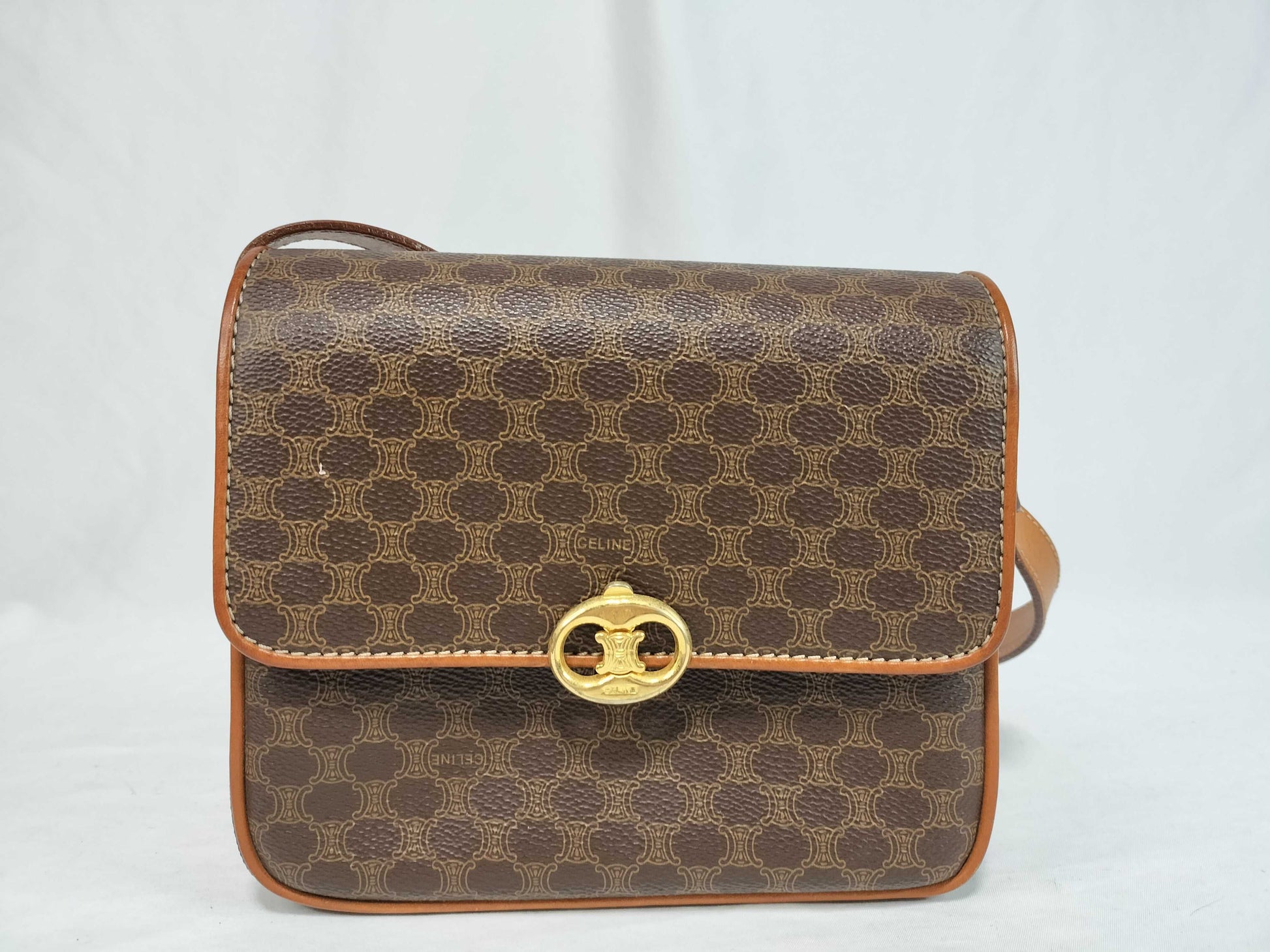 CELINE Macadam PVC and Leather Shoulder Bag, Brown, with Blazon Hardware