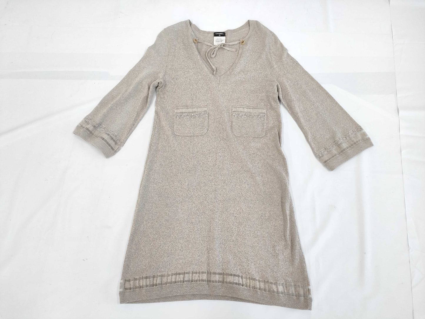 CHANEL Cotton Beaded Dress Gray #36 Dress